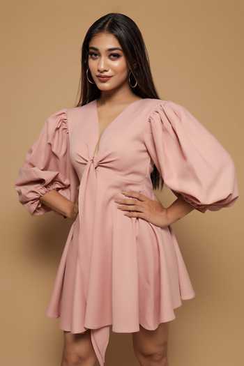 Ahi Clothing Pink Crepe Plain V Neck Balloon Sleeve Dress Online at Aza Fashions Ahi Clothing_Pink Crepe Plain V Neck Balloon Sleeve Dress_Online_at_Aza_Fashions