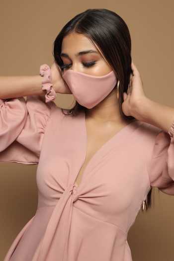 Buy Ahi Clothing Pink Crepe Plain V Neck Balloon Sleeve Dress Online at Aza Fashions Buy_Ahi Clothing_Pink Crepe Plain V Neck Balloon Sleeve Dress_Online_at_Aza_Fashions
