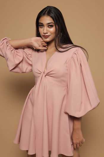 Shop Ahi Clothing Pink Crepe Plain V Neck Balloon Sleeve Dress Online at Aza Fashions Shop_Ahi Clothing_Pink Crepe Plain V Neck Balloon Sleeve Dress_Online_at_Aza_Fashions