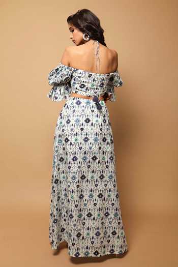 Shop Ahi Clothing White Cotton Block Print Halter Neck Mandala Motif Top And Long Skirt Set at Aza Fashions Shop_Ahi Clothing_White Cotton Block Print Halter Neck Mandala Motif Top And Long Skirt Set_at_Aza_Fashions