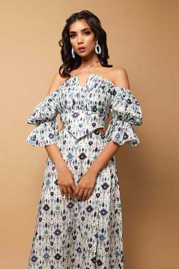 Ahi Clothing White Cotton Block Print Halter Neck Mandala Motif Top And Long Skirt Set Online at Aza Fashions Ahi Clothing_White Cotton Block Print Halter Neck Mandala Motif Top And Long Skirt Set_Online_at_Aza_Fashions