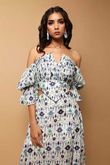Buy Ahi Clothing White Cotton Block Print Halter Neck Mandala Motif Top And Long Skirt Set Online at Aza Fashions Buy_Ahi Clothing_White Cotton Block Print Halter Neck Mandala Motif Top And Long Skirt Set_Online_at_Aza_Fashions