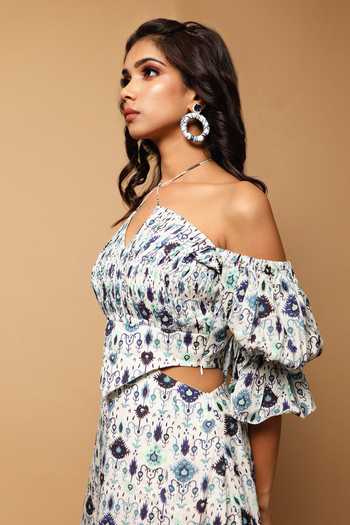 Shop Ahi Clothing White Cotton Block Print Halter Neck Mandala Motif Top And Long Skirt Set Online at Aza Fashions Shop_Ahi Clothing_White Cotton Block Print Halter Neck Mandala Motif Top And Long Skirt Set_Online_at_Aza_Fashions