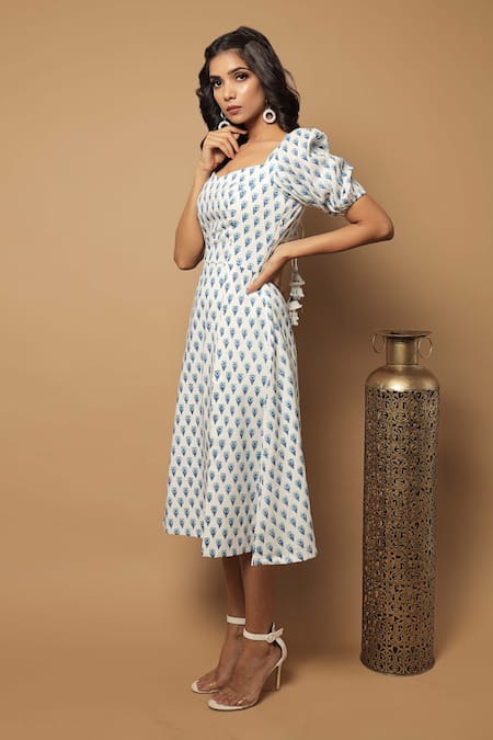 Ahi Clothing_Off White Cotton Block Print Sweetheart Neck Midi Dress _Online_at_Aza_Fashions