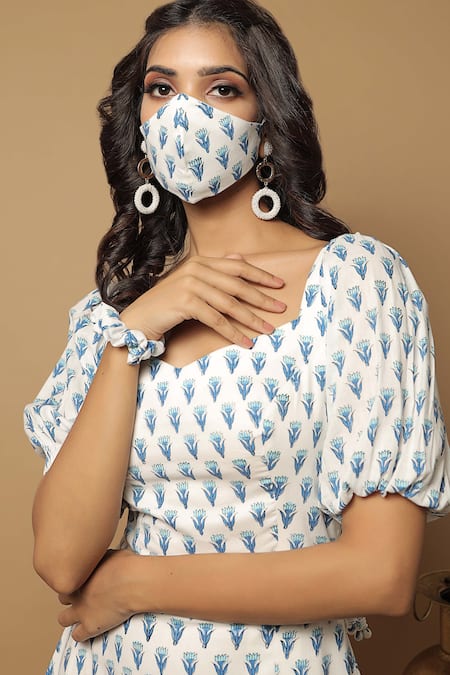 Shop_Ahi Clothing_Off White Cotton Block Print Sweetheart Neck Midi Dress _Online_at_Aza_Fashions