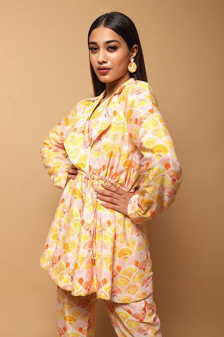 Ahi Clothing_Yellow Crepe Digital Print Lapel Collar Jacket And Pant Set_Online_at_Aza_Fashions