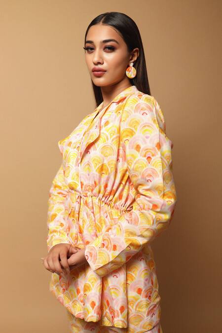 Buy_Ahi Clothing_Yellow Crepe Digital Print Lapel Collar Jacket And Pant Set_Online_at_Aza_Fashions