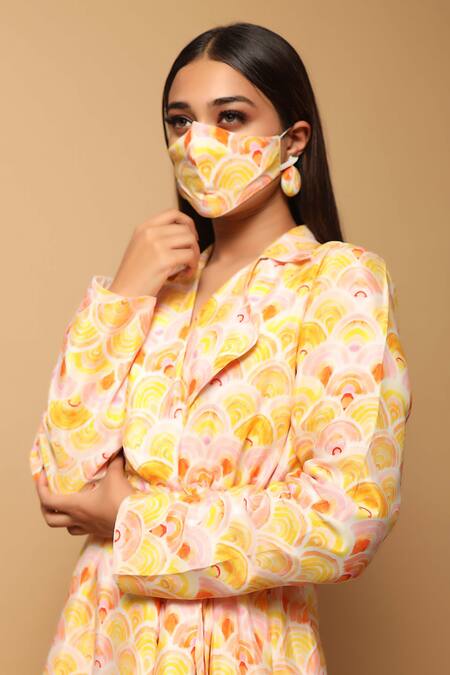 Shop_Ahi Clothing_Yellow Crepe Digital Print Lapel Collar Jacket And Pant Set_Online_at_Aza_Fashions