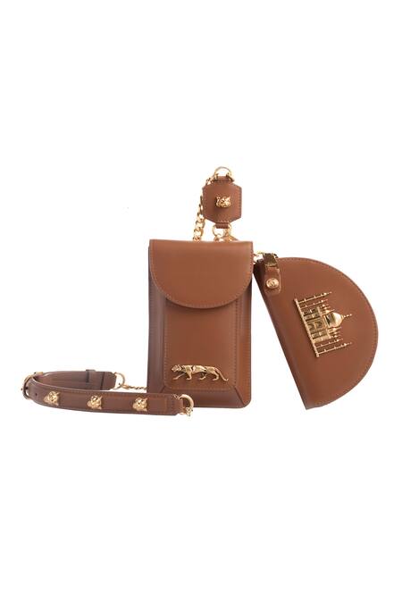 Shop_Sabyasachi_Mustard Gold Motif Tan Sling Bag _at_Aza_Fashions