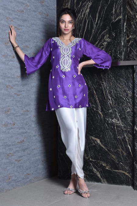 Seams Pret And Couture Purple Raw Silk And Grand Satin Embroidery Mirror & Work Kurta & Dhoti Pant Set