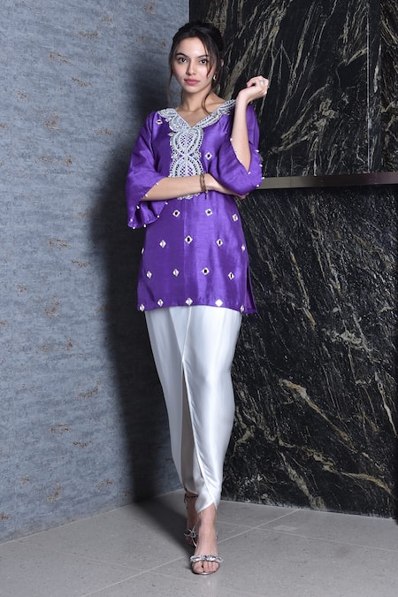 Buy_Seams Pret And Couture_Purple Raw Silk And Grand Satin Embroidery Mirror & Work Kurta & Dhoti Pant Set _Online_at_Aza_Fashions