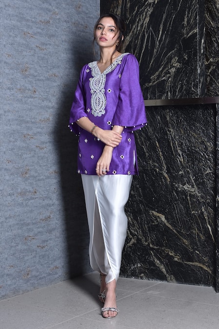 Shop_Seams Pret And Couture_Purple Raw Silk And Grand Satin Embroidery Mirror & Work Kurta & Dhoti Pant Set _Online_at_Aza_Fashions