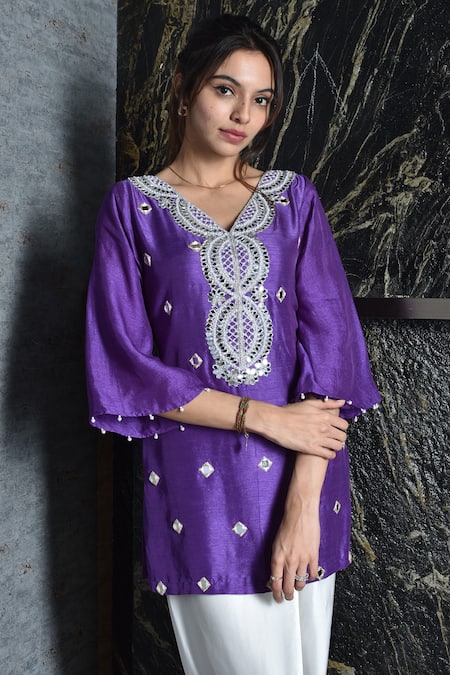 Seams Pret And Couture_Purple Raw Silk And Grand Satin Embroidery Mirror & Work Kurta & Dhoti Pant Set _at_Aza_Fashions