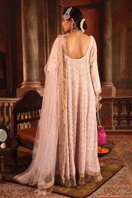 Shop_Ruh Clothing_Pink Kurta Georgette Pant Chanderi Chikankari Embroidered Anarkali Set _at_Aza_Fashions