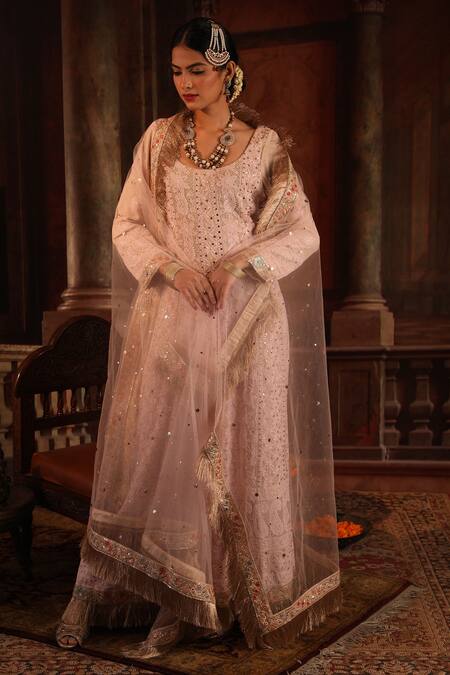 Ruh Clothing_Pink Kurta Georgette Pant Chanderi Chikankari Embroidered Anarkali Set _Online_at_Aza_Fashions