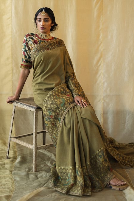 Archana Jaju_Green Monga Silk Round Kalamkari Saree With Blouse_Online_at_Aza_Fashions