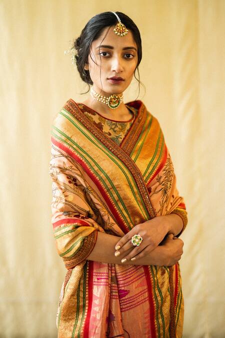 Shop_Archana Jaju_Peach Hand Painted Paithani Silk Saree_at_Aza_Fashions