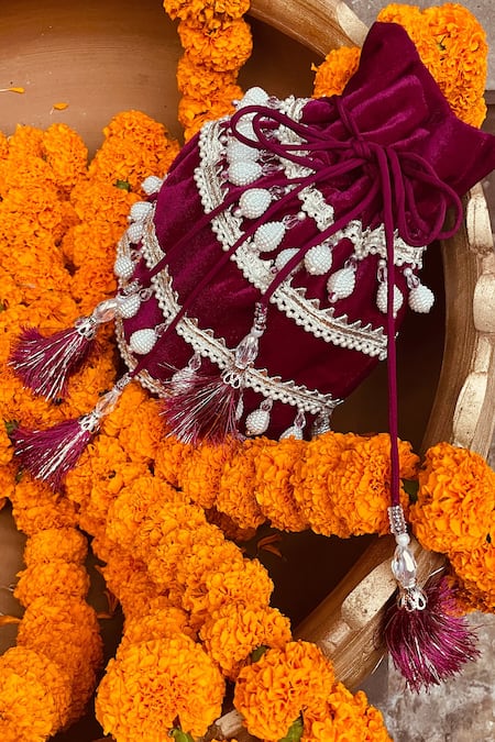 Ajiesh Oberoi_Pink Embroidery Velvet Potli Bag _Online_at_Aza_Fashions