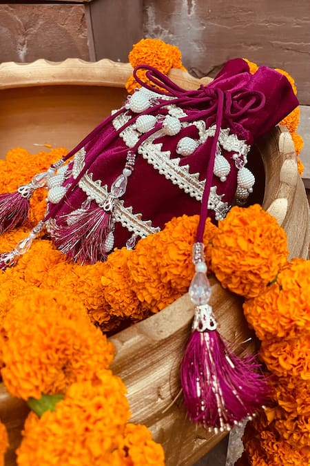 Shop_Ajiesh Oberoi_Pink Embroidery Velvet Potli Bag _Online_at_Aza_Fashions