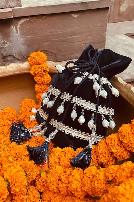 Shop_Ajiesh Oberoi_Blue Embroidery, Beads Velvet Potli Bag _at_Aza_Fashions