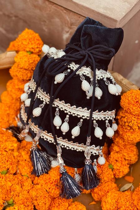 Ajiesh Oberoi_Blue Embroidery, Beads Velvet Potli Bag _Online_at_Aza_Fashions