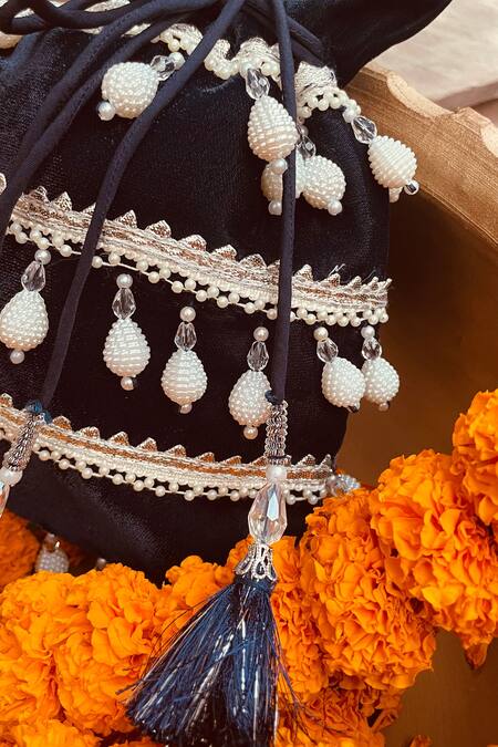 Buy_Ajiesh Oberoi_Blue Embroidery, Beads Velvet Potli Bag _Online_at_Aza_Fashions