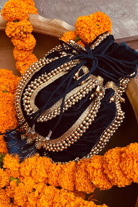 Ajiesh Oberoi_Blue Embroidery, Beads Velvet Potli Bag _Online_at_Aza_Fashions