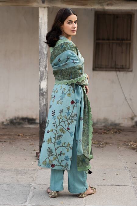 Shop_Archana Jaju_Blue Chanderi Round Kurta Set_Online_at_Aza_Fashions