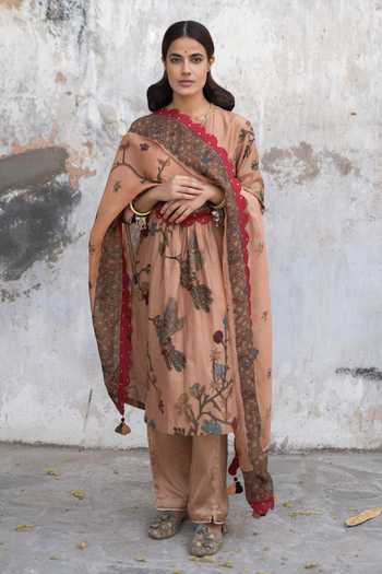 Buy_Archana Jaju_Peach Chanderi Round Kurta Set_Online_at_Aza_Fashions