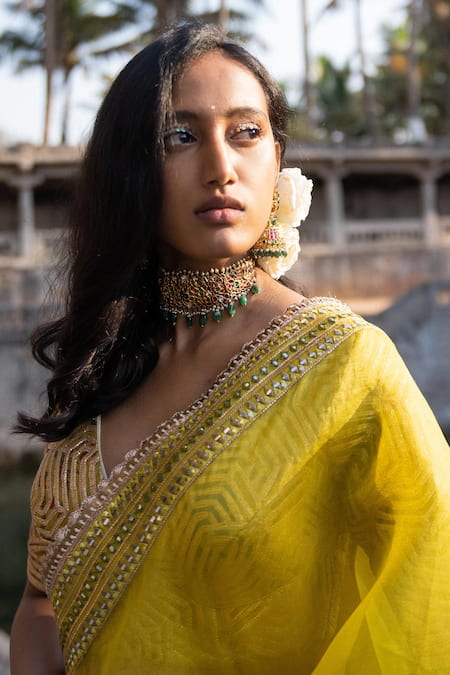 Shop_Archana Jaju_Yellow Dupatta Organza Gota, Mirror V Neck Work Bridal Lehenga Set_Online_at_Aza_Fashions