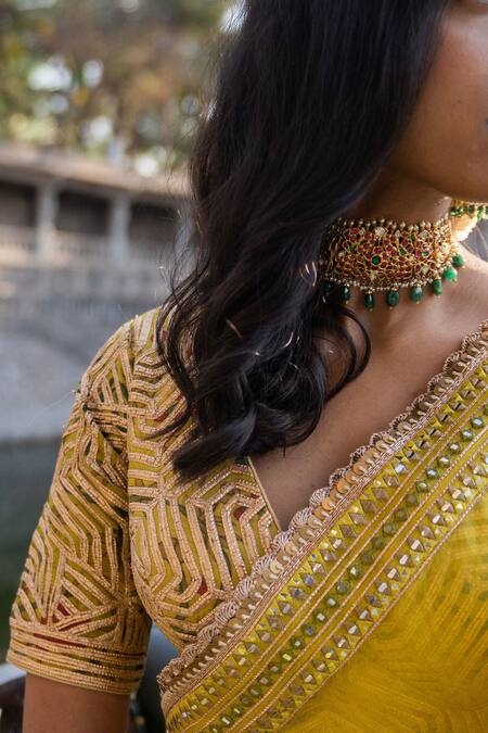 Archana Jaju_Yellow Dupatta Organza Gota, Mirror V Neck Work Bridal Lehenga Set_at_Aza_Fashions