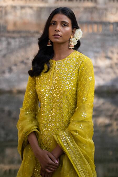 Shop_Archana Jaju_Yellow Handwoven Chanderi, Organza Silk Mirror Round Work Kurta Sharara Set_Online_at_Aza_Fashions