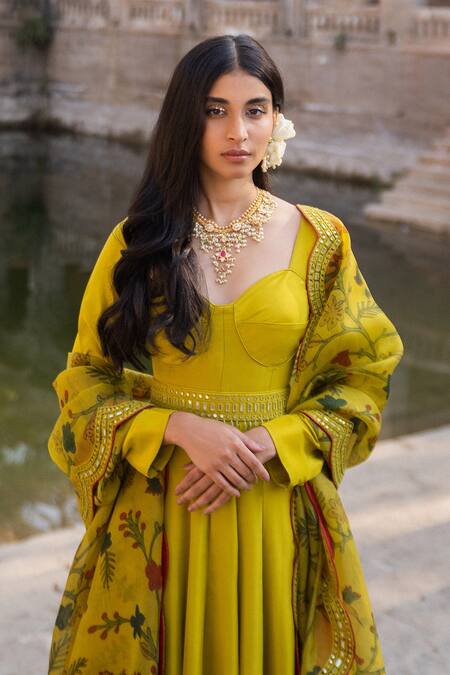 Archana Jaju_Yellow Organza , Pure Mirror, Kalamkari Anarkali With Dupatta_at_Aza_Fashions