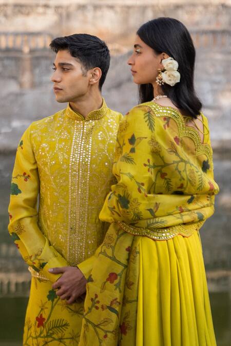Shop_Archana Jaju_Yellow Organza , Pure Mirror, Kalamkari Anarkali With Dupatta_Online_at_Aza_Fashions