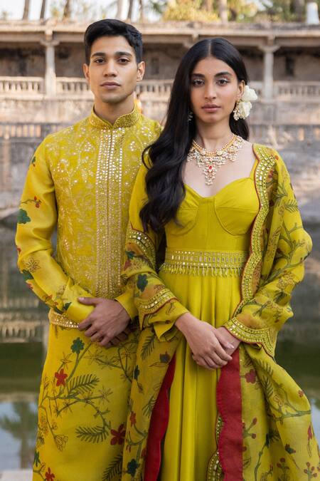 Buy_Archana Jaju_Yellow Organza , Pure Mirror, Kalamkari Anarkali With Dupatta_Online_at_Aza_Fashions