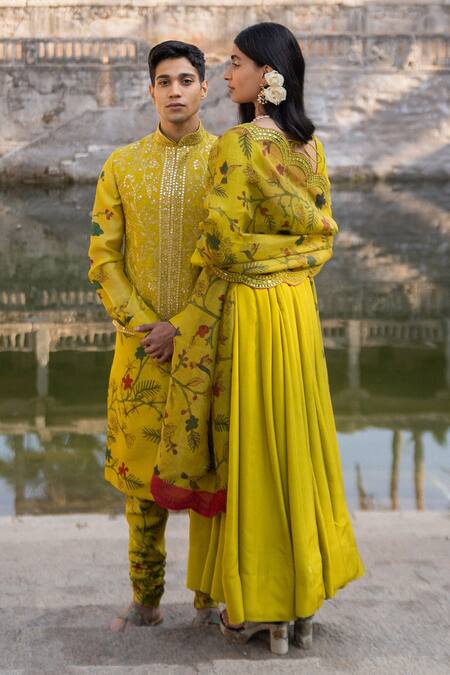Archana Jaju_Yellow Organza , Pure Mirror, Kalamkari Anarkali With Dupatta_Online_at_Aza_Fashions