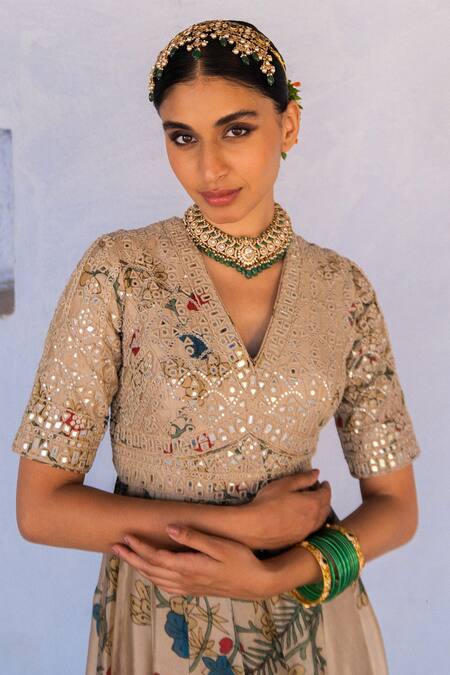 Shop_Archana Jaju_Beige Organza , Pure Floral, Mirror Work Kalamkari Painted Anarkali Set_at_Aza_Fashions