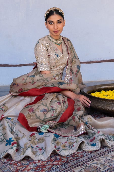 Archana Jaju_Beige Organza , Pure Floral, Mirror Work Kalamkari Painted Anarkali Set_at_Aza_Fashions