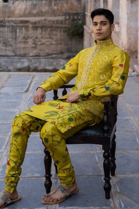 Shop_Archana Jaju_Yellow Bundi Raw , Kurta Mirror, Thread, Embroidered And Set_at_Aza_Fashions