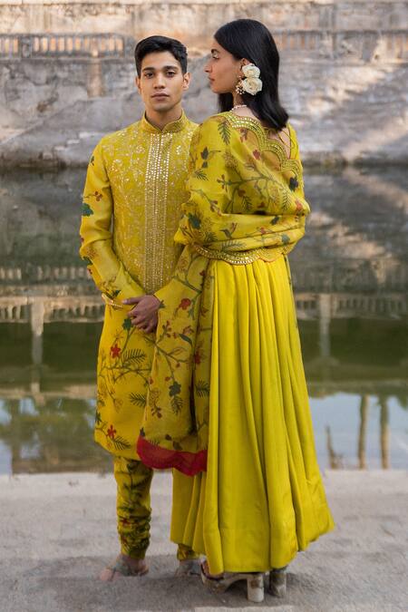 Buy_Archana Jaju_Yellow Bundi Raw , Kurta Mirror, Thread, Embroidered And Set_Online_at_Aza_Fashions