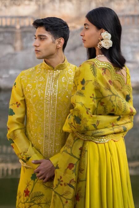 Shop_Archana Jaju_Yellow Bundi Raw , Kurta Mirror, Thread, Embroidered And Set_Online_at_Aza_Fashions