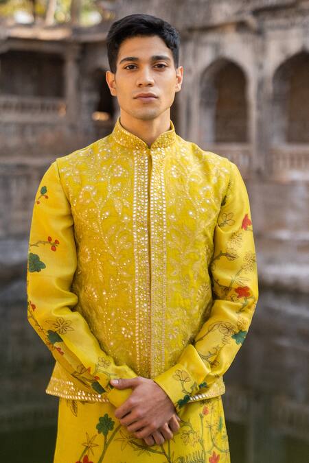 Archana Jaju_Yellow Bundi Raw , Kurta Mirror, Thread, Embroidered And Set_at_Aza_Fashions