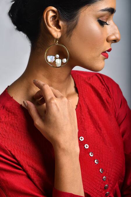 Arte-Alter Gold Plated Pearl Bead Hoop Danglers Online at Aza Fashions Arte-Alter_Gold Plated Pearl Bead Hoop Danglers _Online_at_Aza_Fashions