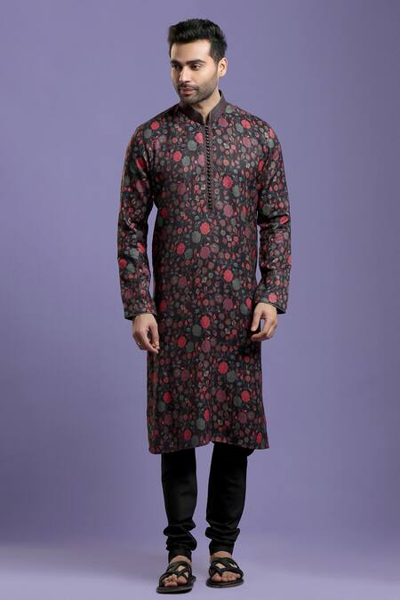 Kora By Nilesh Mitesh_Black Silk Blend Floral Print Kurta Set_Online_at_Aza_Fashions