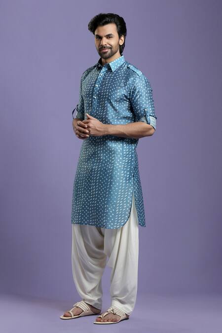 Buy_Kora By Nilesh Mitesh_Blue Silk Blend Bandhani Print Pathani Set_Online_at_Aza_Fashions