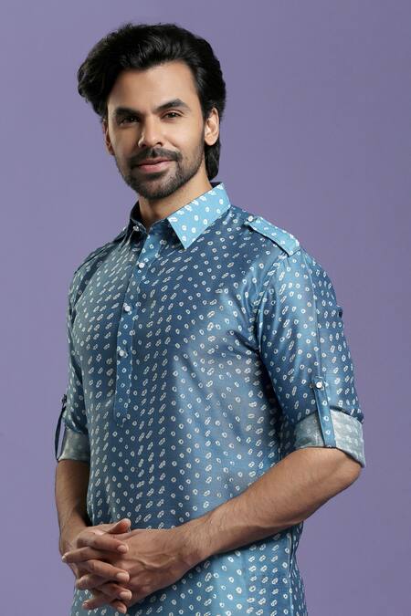 Shop_Kora By Nilesh Mitesh_Blue Silk Blend Bandhani Print Pathani Set_Online_at_Aza_Fashions