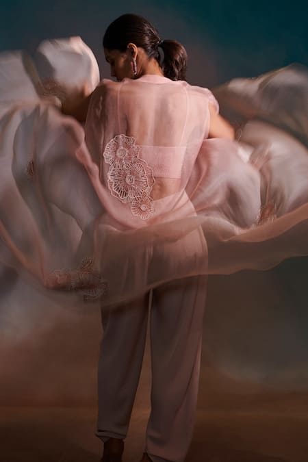 Shop Anjali Kanwar Pink Silk Organza, Imported Twill Georgette Embroidered And Draped Pant Set at Aza Fashions Shop_Anjali Kanwar_Pink Silk Organza, Imported Twill Georgette Embroidered And Draped Pant Set _at_Aza_Fashions