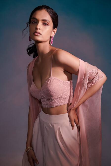 Anjali Kanwar Pink Silk Organza, Imported Twill Georgette Embroidered And Draped Pant Set Online at Aza Fashions Anjali Kanwar_Pink Silk Organza, Imported Twill Georgette Embroidered And Draped Pant Set _Online_at_Aza_Fashions