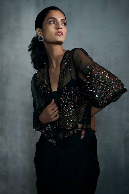 Anjali Kanwar Black Silk Organza, Imported Satin Cutdana, Embroidered Cape And Dhoti Pant Set Online at Aza Fashions Anjali Kanwar_Black Silk Organza, Imported Satin Cutdana, Embroidered Cape And Dhoti Pant Set _Online_at_Aza_Fashions