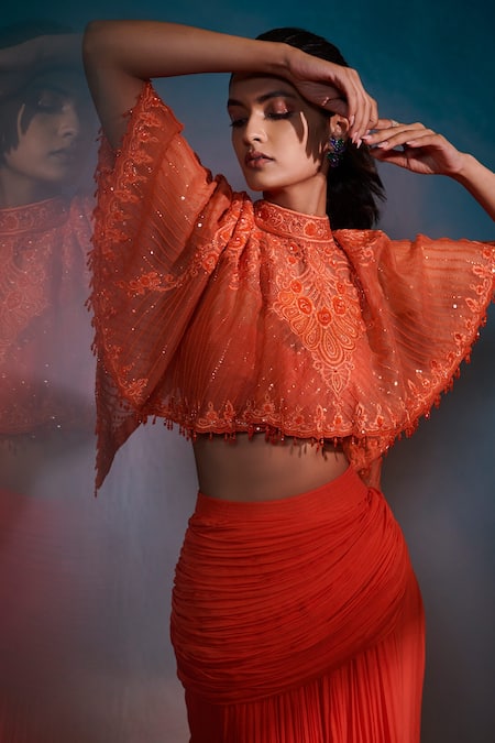 Anjali Kanwar_Orange Organza, Chiffon Floral, Embroidered Cape And Pleated Skirt Set _Online_at_Aza_Fashions